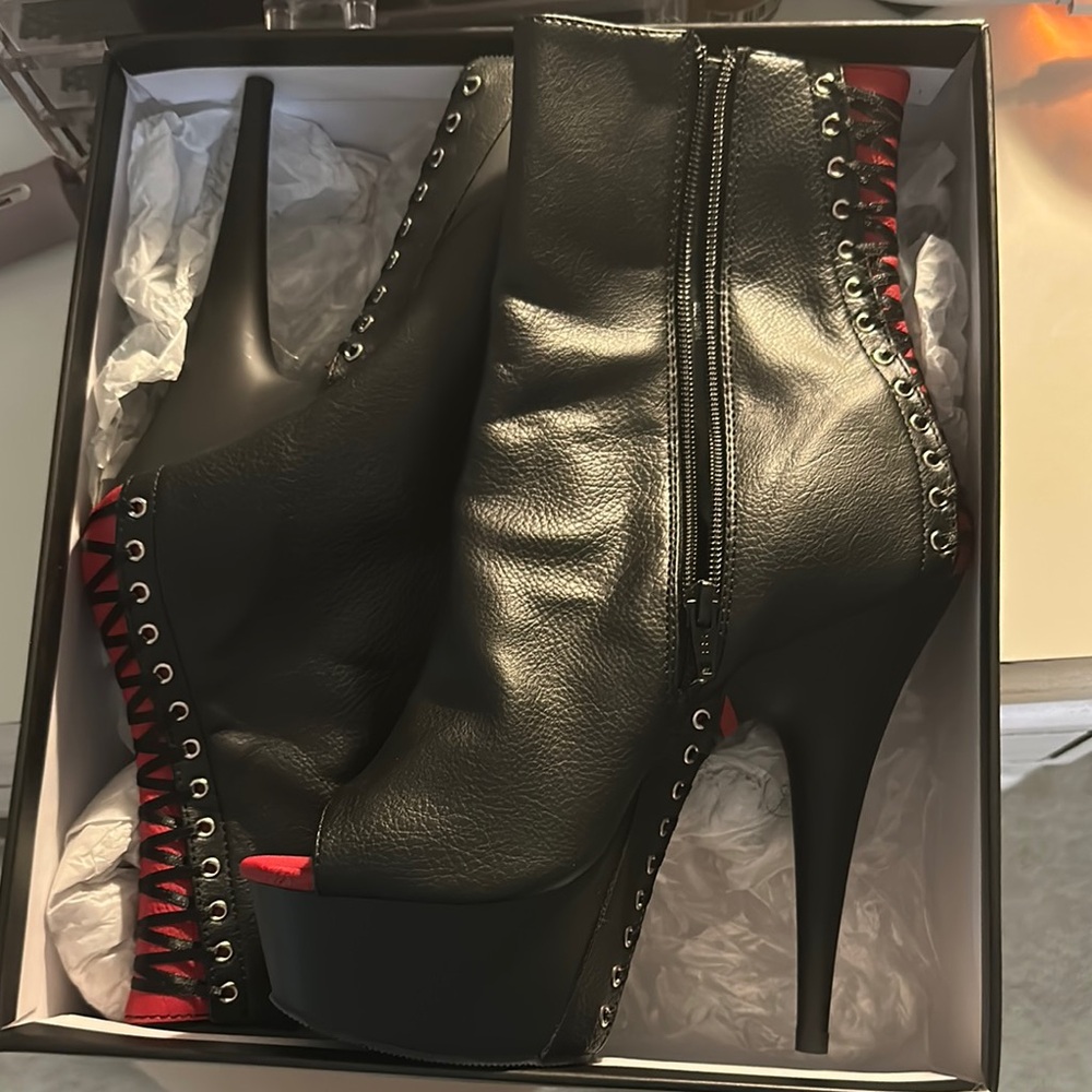 Pleaser Platform Black and Red Heeled Boots with Lace-Up Design - Picture 4 of 5